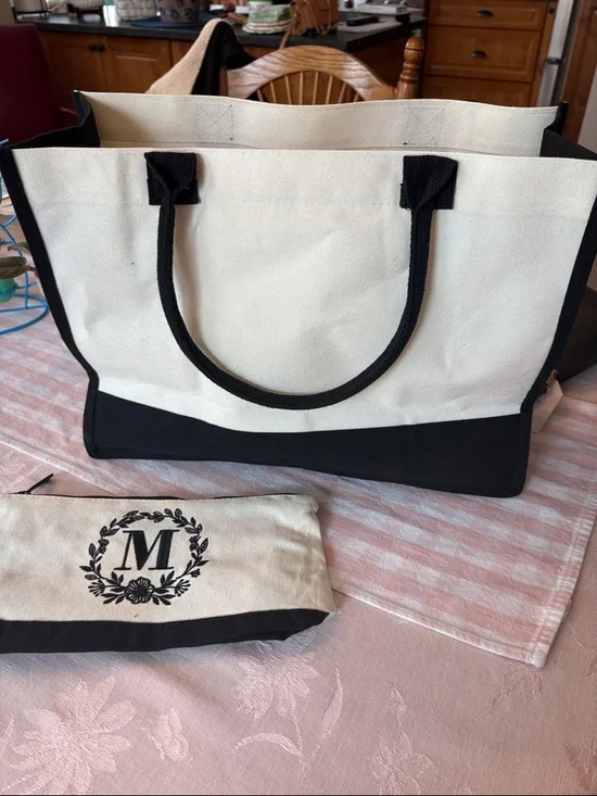 Monogram Canvas Tote & Zip Pouch in Black and Cream - Picture 5 of 5